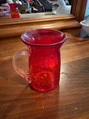 Vintage Blenko  red crackle glass clear handle