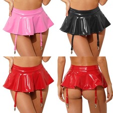 Womens Wet Look Patent Leather Ruffle Skirt Solid Color Thongs Garter Belts