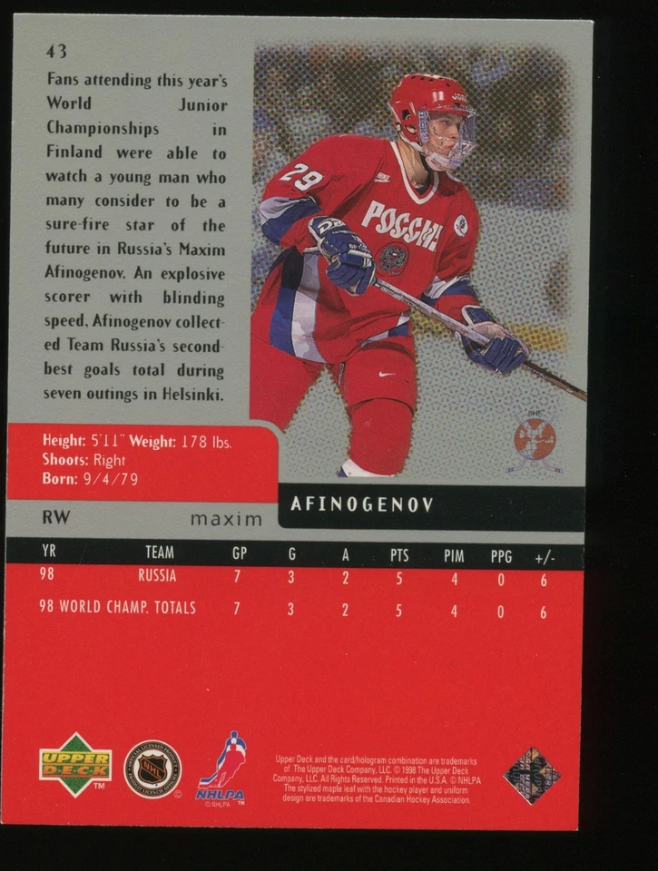 Maxim Afinogenov RC 1997-98 Black Diamond #43 Rookie EX or Better Foto 2 de 2