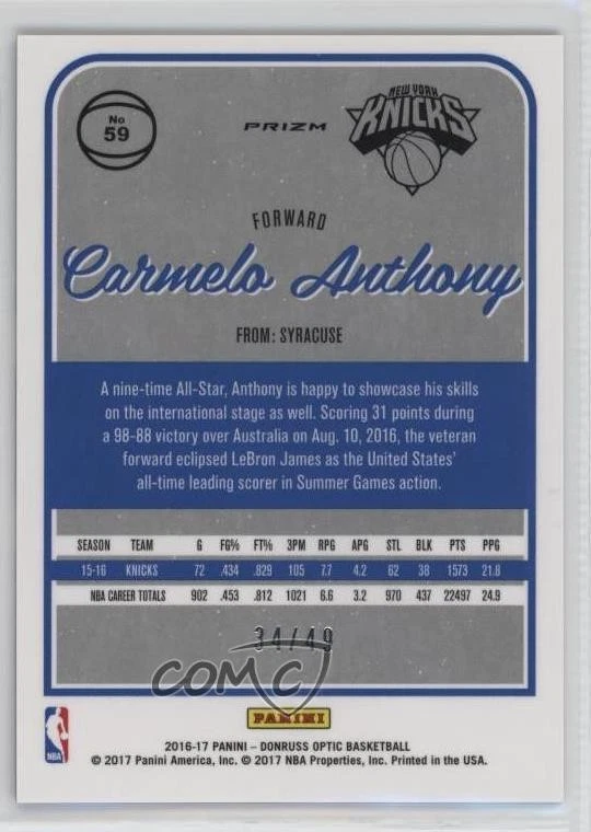 2016-17 Panini Donruss Optic Blue Prizm /49 Carmelo Anthony #59 HOF - Image 2 of 2