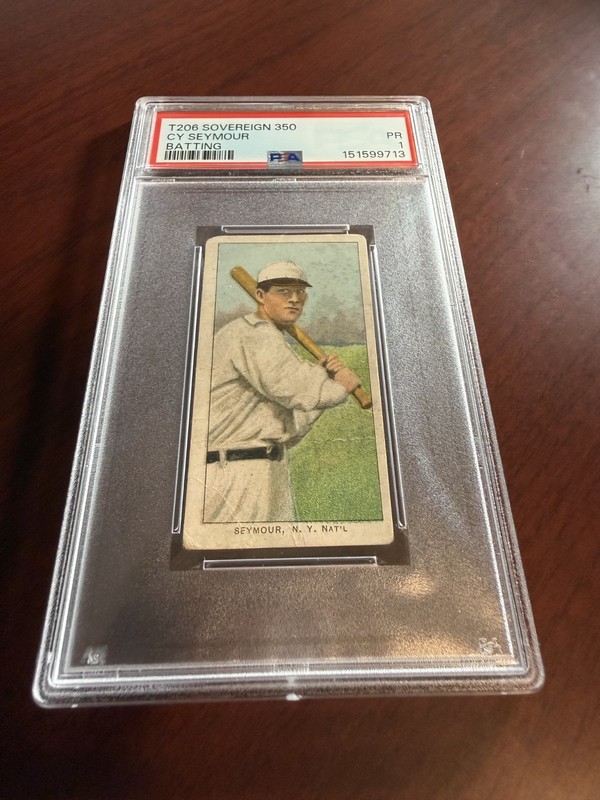 1909-11 T206 Sovereign 350 Cy Seymour Batting Rookie Card. PSA 1
