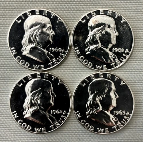 Lot of 4 Proof Silver Ben Franklin Half Dollars, 1960, 1961, 1962, 1963