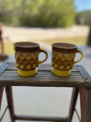 VTG 2 Fire King Anchor Hocking Yellow Ombre Kimberly Diamond Handled Tiki Mugs