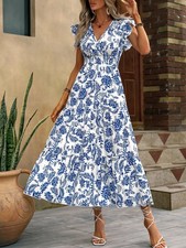 Boho Floral Butterfly Sleeve Maxi Dress Ruffle Hem Shirred Beach Vacation
