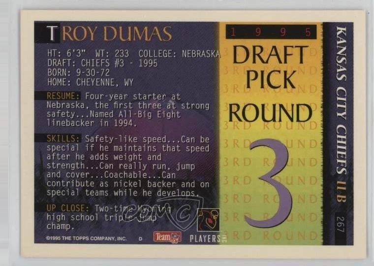 1995 Bowman Troy Dumas #267 Rookie RC - Image 2 of 2