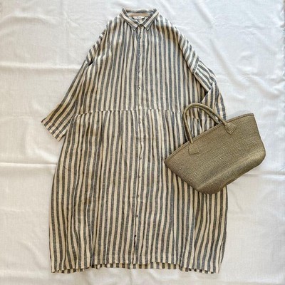 ICHI Antiquites Linen Shirt Long Dress Collared Striped Gray Exc