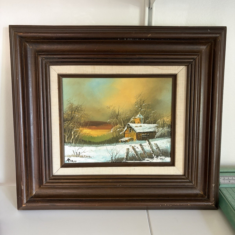Rory Signed Realism Winter Cabin Landscape Painting on Canvas, Framed