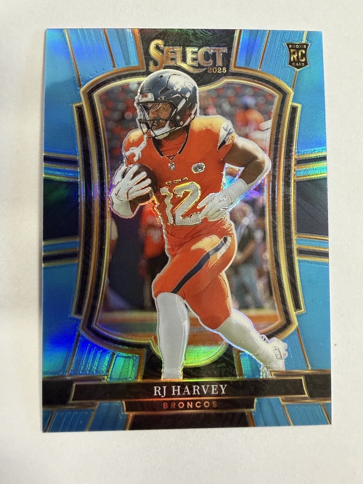 2025 Select RJ Harvey Rookie Premier Level Light Blue /99 Prizm Broncos #110