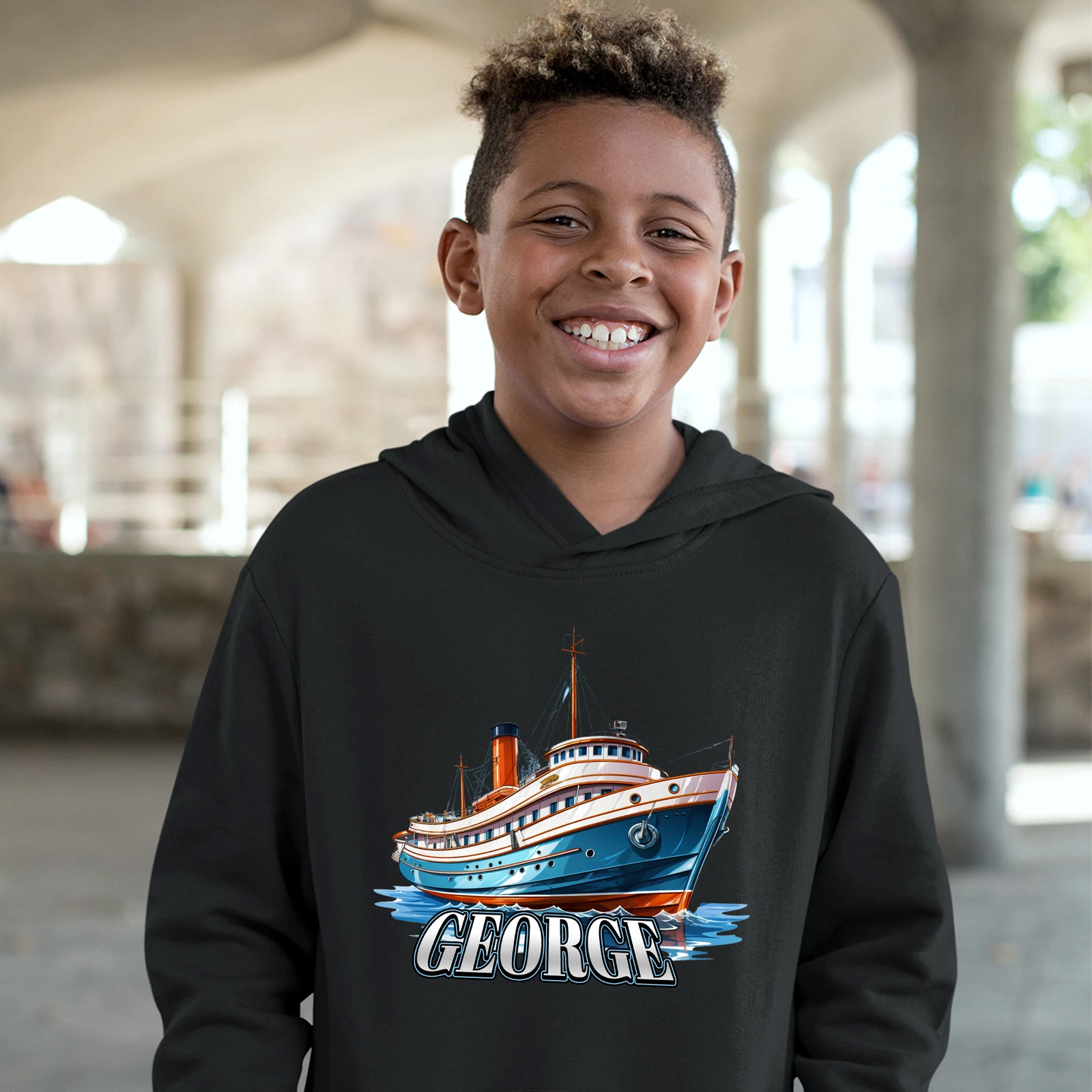 VETEMENTS Felpa con Cappuccio Nave da Crociera Personalizzata per Ragazzi Regalo Ragazzo Nome Personalizzato Natale Bi...
