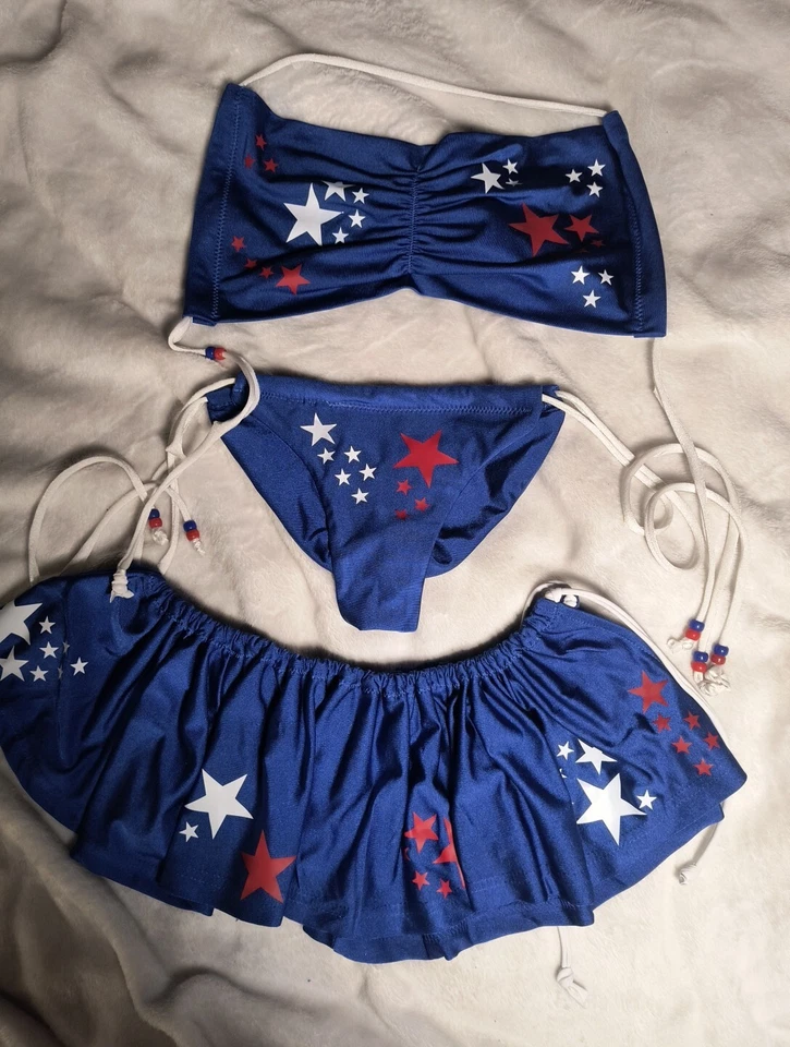 Conjunto de 3 Bikini Patriótico Rojo Blanco Azul EE. UU. Disfraz de Bailarina Competición Talla M Foto 2 de 4