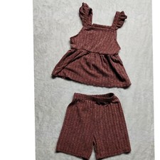Ribbed Knit Outfit Set Ruffle Sleeve Top Shorts Loungewear Casual