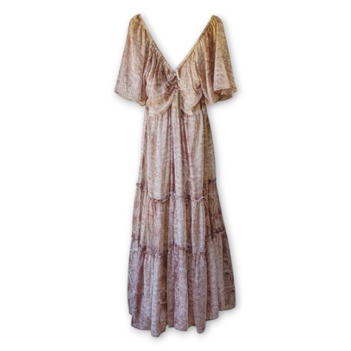 Anthropologie Kimono Flutter Sleeve V-neck Sheer Ruffled Tiered Midi Dress Sz M