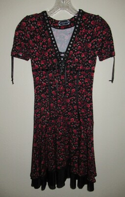 Chopin Roma Red Black Rose Floral Grommet Lace Up Dress Small 