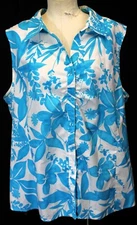 White Stage Woman's Sleeveless Collard Button Up Floral White Blue 3XL Tropical