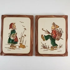 Boy and Girl Chalk Ware Wall Plaques Modern Art Co Cut-In Images Vintage 1966