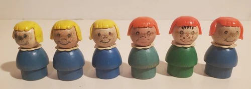 VINTAGE FISHER PRICE LITTLE PEOPLE WOOD BASE LITTLE GIRL LOT/6 BLONDE & REDHEAD