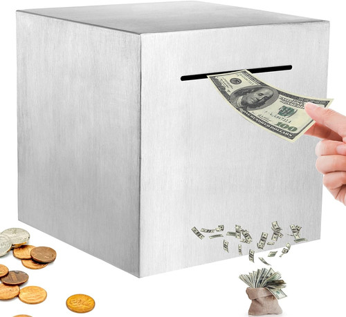 Modern Stainless Steel Money Saving Box For Adults, Must Break To Access Funds