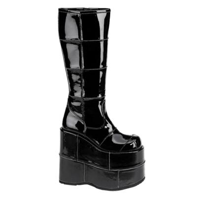 STACK-301 Damenia Unisex Punk kniehohe Plateaustiefel Flicken Optik schwarz Lack