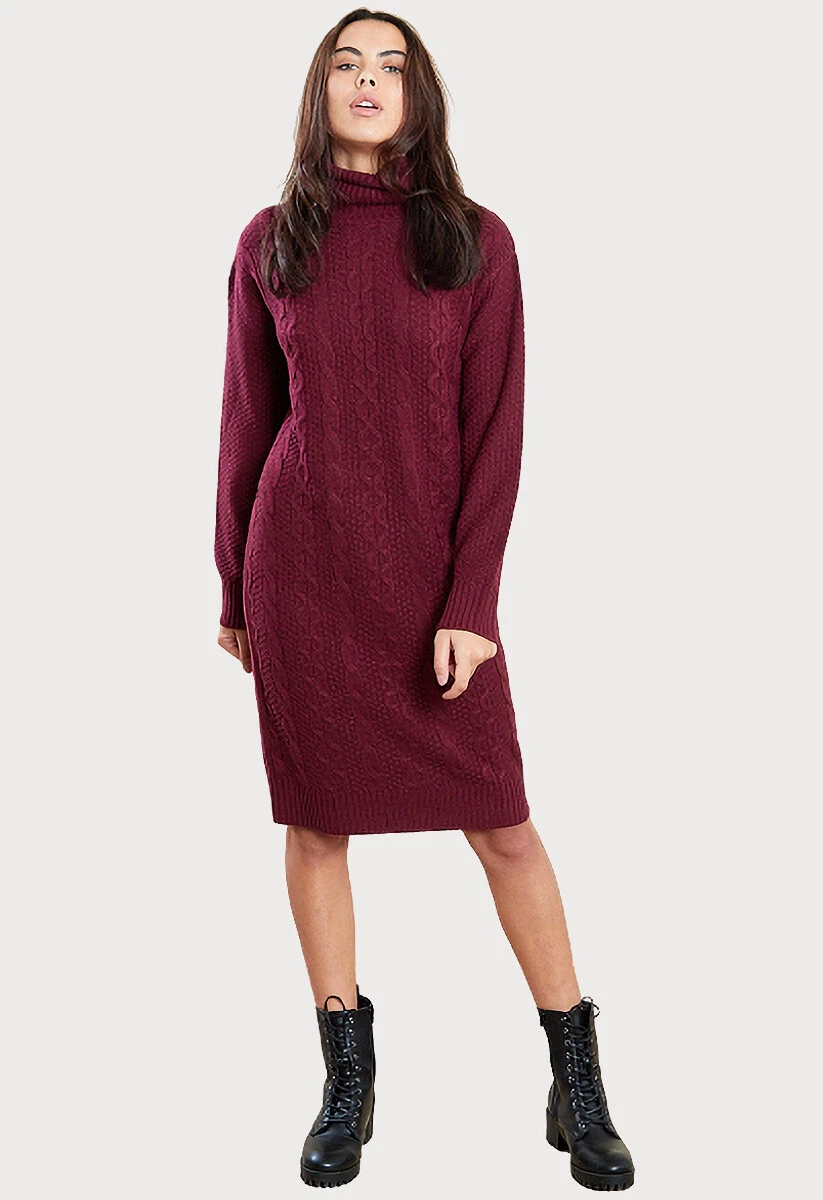 Womens Wine Roll Neck Cable Warm Winter Jumper Dress