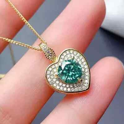 1.10CT Round Lab-Created Aquamarine Heart Women Pendant 14k Yellow Gold Plated