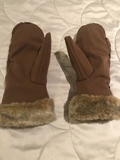Head Brown Mittens/gloves With Fleece Lining, Women Medium Fake Fur Cuff.