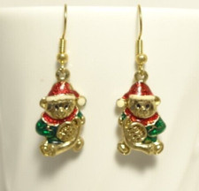 New Christmas Teddy Bear Charm Earrings Pierced Wire Gold Tone Enamel