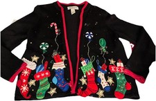 Tiara International Christmas Sweater Cardigan Zip Up Stockings Candy Gifts Med
