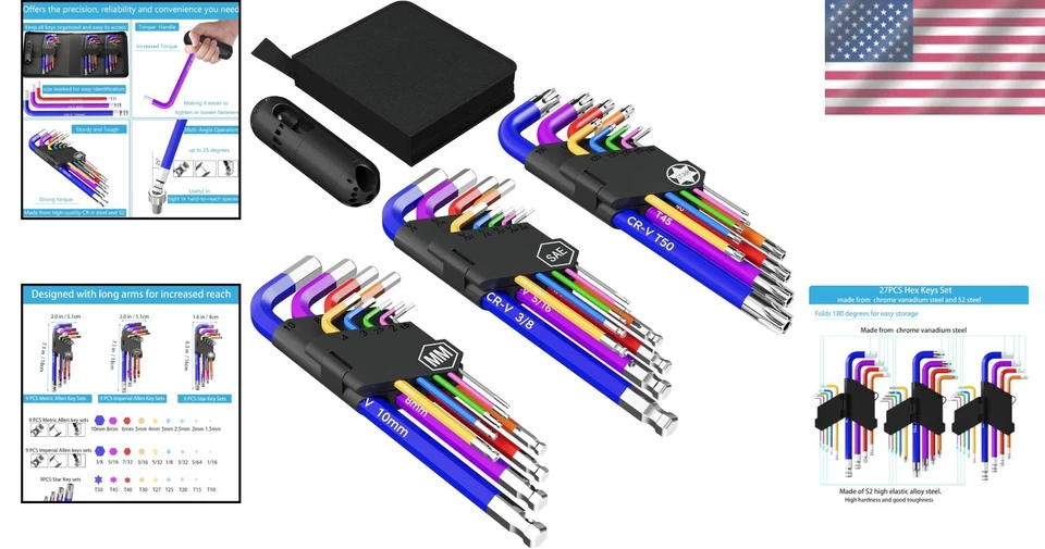 27-Piece Color-Coded Hex Key Set in Chrome Vanadium Steel for DIY Repairs - Image 2 of 4