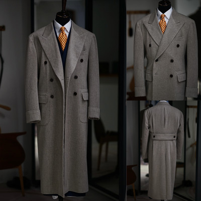 Wool Men's Long Overcoat Wide Peak Lapel Double Breasted Man Coat Outdoor Wear