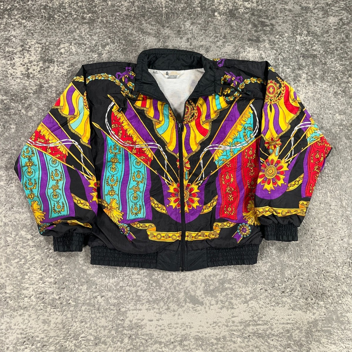 Vintage London Fog Jacket Mens Large L Black Abstract Baroque
