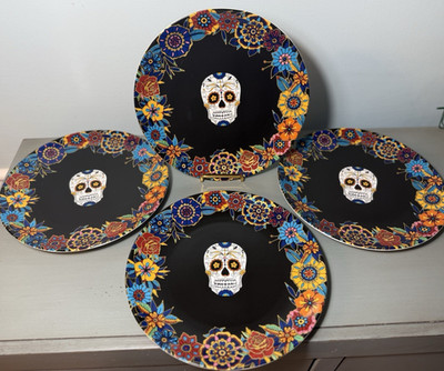 Williams Sonoma Day of the Dead Dia De Los Muertos Dinner Plates 10.5  Lot~4 NWT