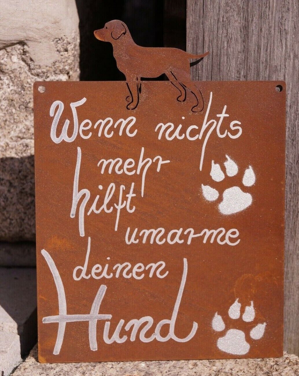 Edelrost Tafel Hund mit Spruch Wenn nichts mehr hilft 25 x 15 cm Schild 