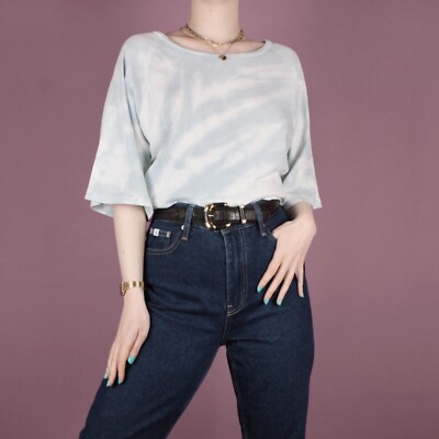 Blau Batik Pastell Muster Druck 2000er Y2K Damen T-Shirt Tee Top Large 16 18
