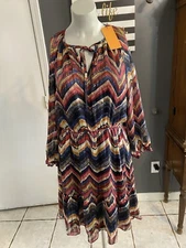 Collective Concepts Navy Pink Metal V-Neck A-Line Fit Flare Long Sleeve Dress M