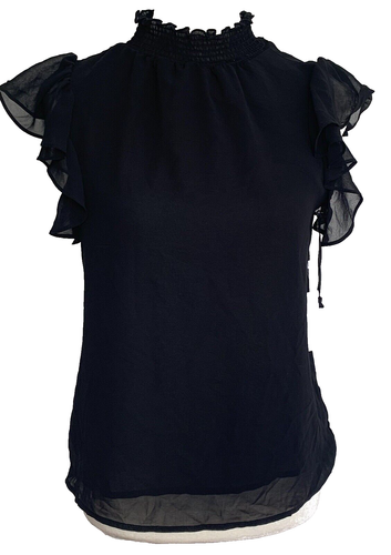 NWT 1.STATE Black Flutter Sleeve Smocked Mock Neck Lined Keyhole Top Blouse XS