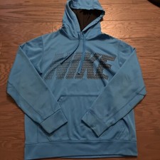 Nike Therma Dri Fit Mens Training Pullover Hoodie Blue Big Logo Small S EUC