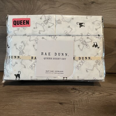 NWT Rae Dunn Enchante Queen Halloween Sheets Sheet Set Spooky Skeleton Black Cat