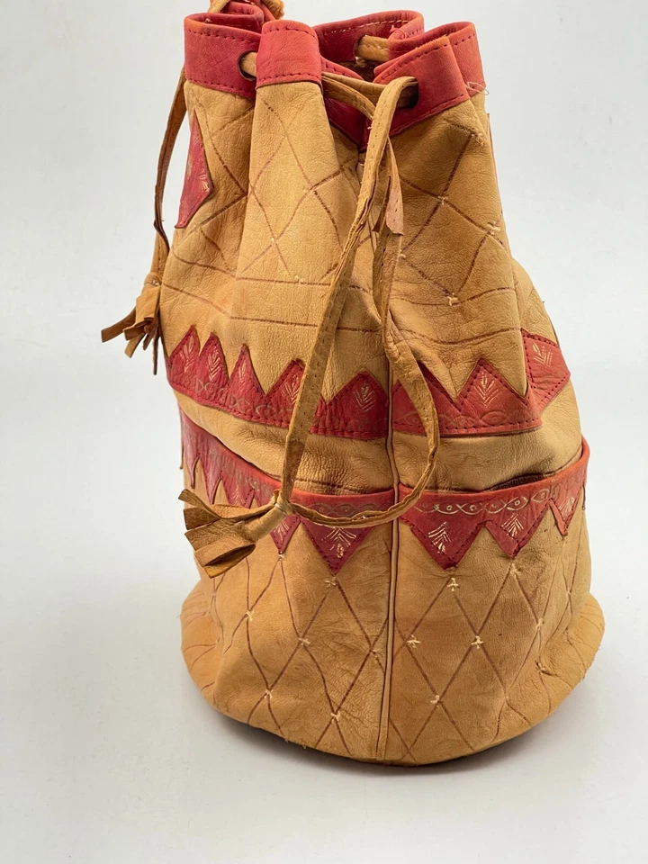 Vintage 1960's Moroccan Painted Drawstring Hand Bag Purse Hobo Leather Handbag - Image 4 of 4
