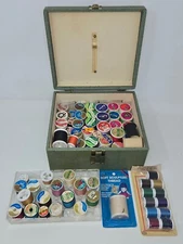 Vintage Green Wood Sewing Box w/ Spool Caddy 70+ Thread Spools JP Coats TG&Y