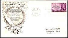 946-13 Joseph Pulitzer FDC, Day Lowry Cachet, addressed with OF.