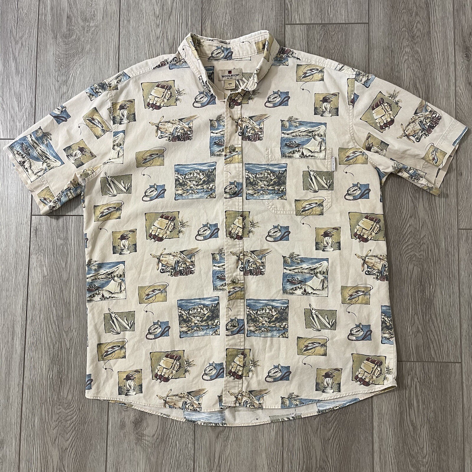 VTG Woolrich Shirt Mens Large Button Up Camp Outdoor Fishing Clock AOP Hawaiin