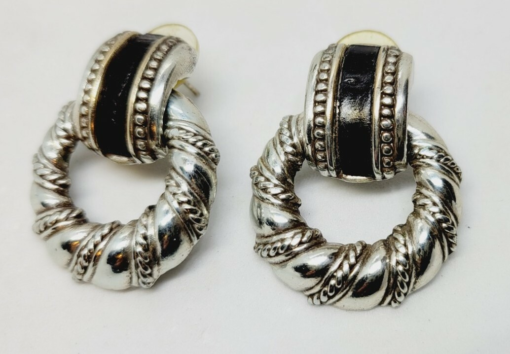 Brighton Door Knocker Pierced Earring Black Leather Accent Retired 1.5 in Chunky