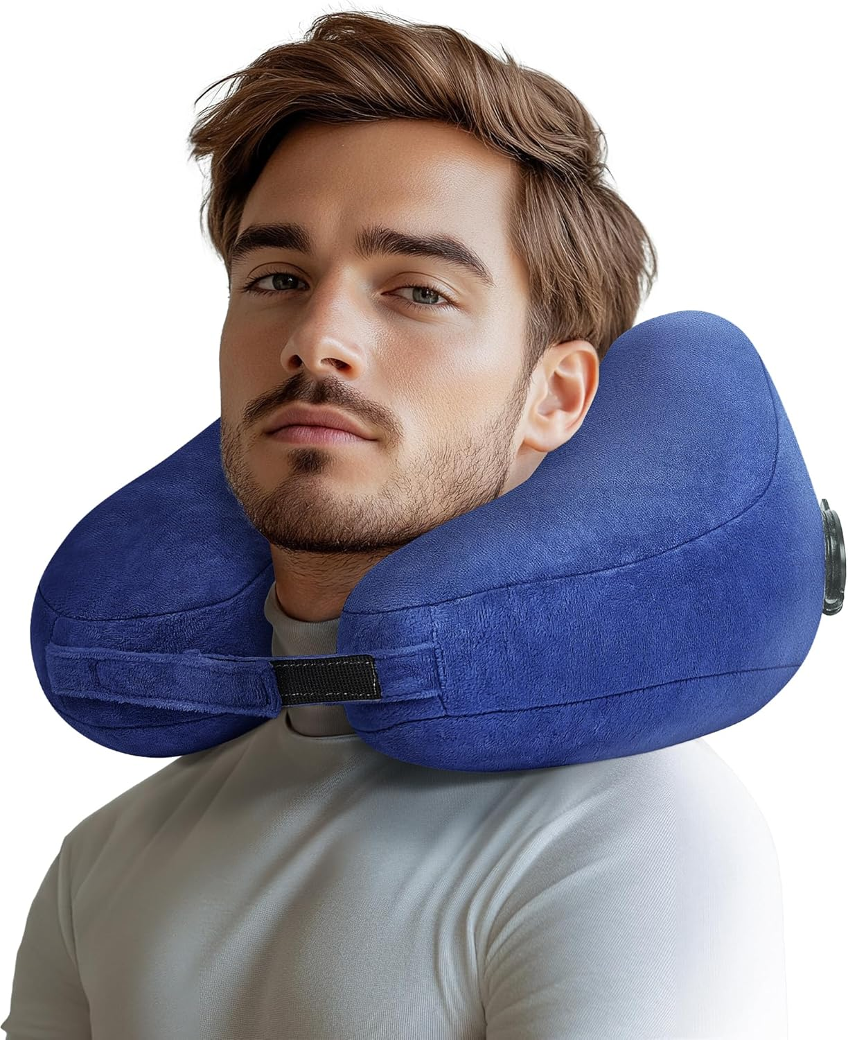 Inflatable Travel Neck Pillow with Soft Velvet Cover for Airplane Comfort-image
