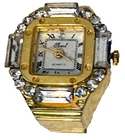 vintage Quartz  watch ring, Gold tone With rhinestones made in Hong Kong TB