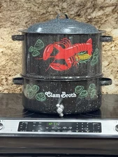 Vintage Double Steam Speckled Black Seafood Lobster Steamer Clam Corn Broth Pot