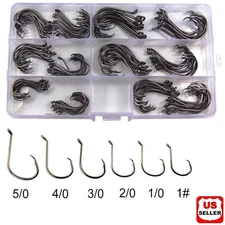 160 Pcs Offset Circle Fishing Hooks/Box - Black High Carbon Steel: Sizes #1-5/0