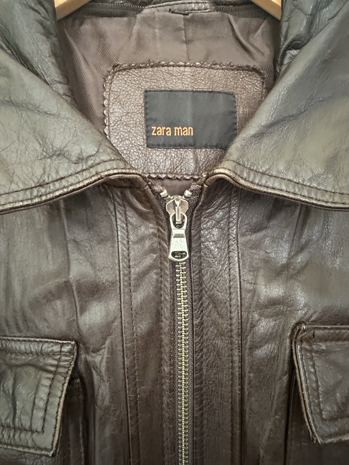 Zara Man Genuine Leather Jacket L Brown Casual Zip Cargo Moto Bomber Coat Rare