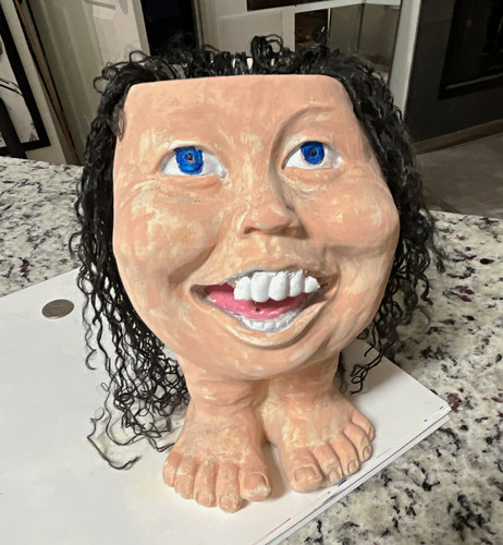 Ceramic Head & Feet Planter, Black Curly Hair, Blue Eyes, Beige/White