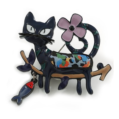 Dunkelblau/lila Emaille Katze und Fisch Brosche in schwarz Ton - 50 mm quer