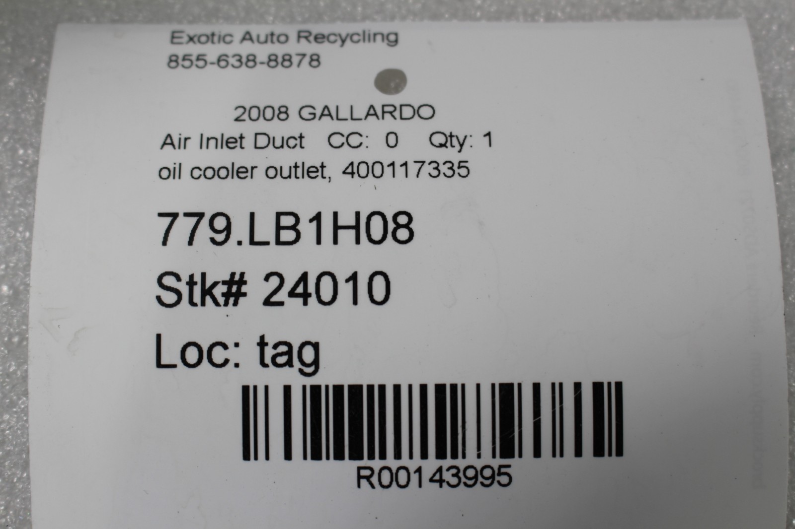 Lamborghini Gallardo Coupe, Spyder, Oil Cooler Exit Duct, Used, P/N 400117335